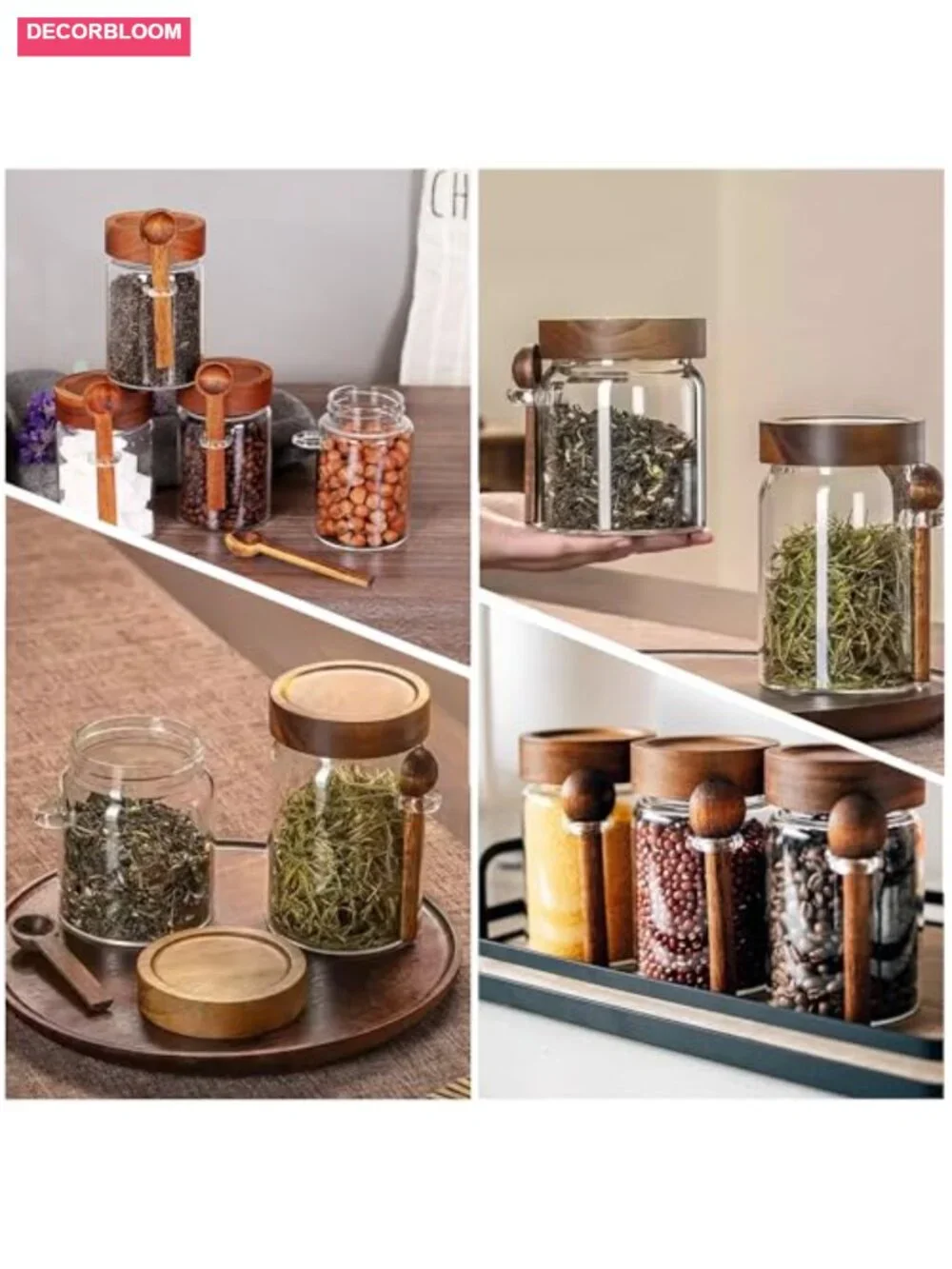 Glass Storage Canisters with Airtight Wooden Lid - 4 Pack